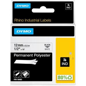imageDYMO Rhino Industrial Permanent Polyester Labels 38quot Black Print on White Tape12 12MM